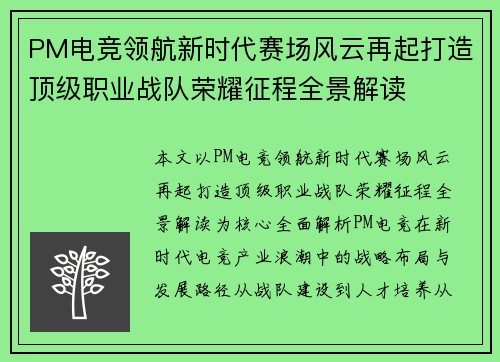 PM电竞领航新时代赛场风云再起打造顶级职业战队荣耀征程全景解读